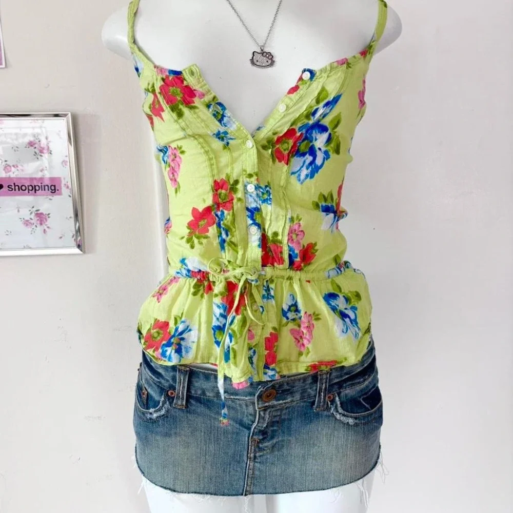 Rare Y2K Abercrombie & Fitch Floral Tank Top – Lime Green Babydoll Style - Picture 1 of 7